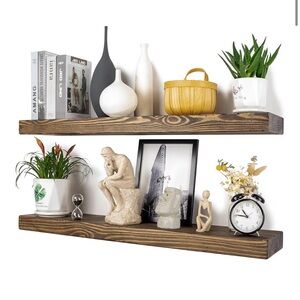 XWNE 36” Solid Wood Distressed Rustic Floating Wall Shelf in Walnut